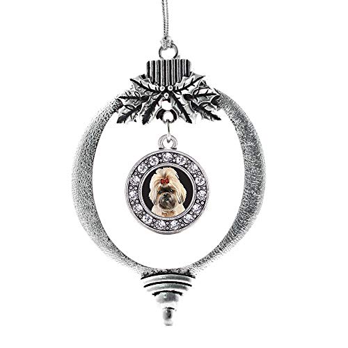 Inspired Silver - The Shih Tzu - Adorno de Navidad plateado - Adorno circular para árbol de Navidad con circonita cúbica - Decoración colgante de vacaciones