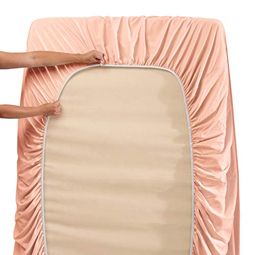Image of Hearth & Harbor Extra Deep Pocket California King Sheets - 4 Piece Hotel Luxury California King Sheet Set Fits Up to 24 inch Mattress - Ultra Soft Luxury Bed Sheet Set - Cal King, Peach