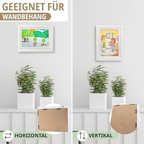 KIYARI Bilderrahmen Kinderzeichnungen A3 Weiß, Aufklappbar & Frontöffnung, für bis zu 150 Zeichnungen, Robustes Holz & bruchsicheres Glas, Ideal für Kunstprojekte, Kinderzimmer & Schule