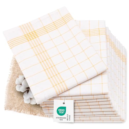 ZOLLNER Set de 12 torchons, Coton et Lin, 50x70 cm, Jaune Blanc à Carreaux