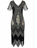 866 - Plus Size 1920s Vintage Fringed Gatsby Sequin Beaded Tassels Hem Flapper Party Prom Cocktail Dress (Black Gold, 4X)
