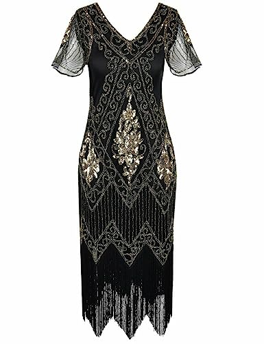 Image of 866A - 1920s Vintage Fringed Gatsby Sequin Beaded Tassels Hem Flapper Party Prom Cocktail Dress with Accessories