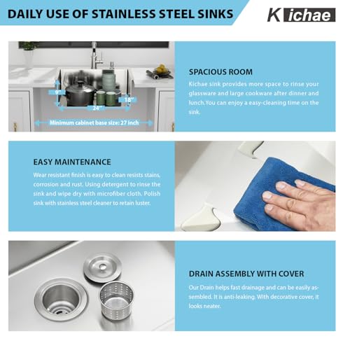 Image of Kichae 24 Drop In Kitchen Sink - Stainless Steel Sinks 24 x 18 Inch Topmount Overmount Single Bowl Handmade Basin with Accessories