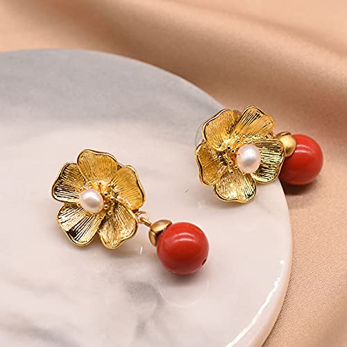 SALAN Pendientes Colgantes De Plata De Calcedonia Roja Natural S925 para Mujer, Pendiente De Perlas De Agua Dulce, Joyería Fina