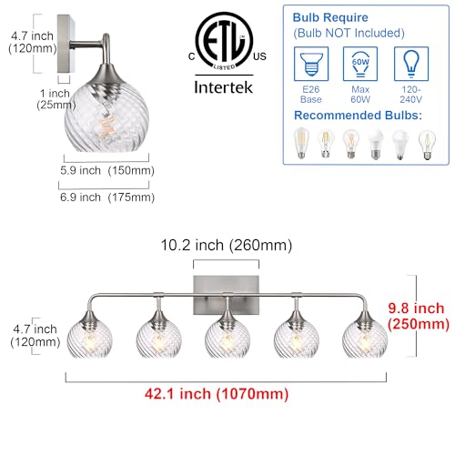 Image of MELUCEE 5-Light Bathroom Lights Over Mirror in Brushed Nickel Finish, Modern Vanity Lights with Clear Striped Swirl Glass Shade Indoor Metal Wall Light Fixtures for Kitchen Powder Room Foyer