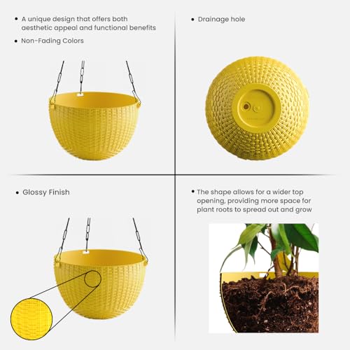 Image of YUCCABE ITALIA SHERA URO-Basket Plastic Flower Pot with Drainage Holes Round Planter Pot Suitable for Inddor Outdoor Kitchen (Yellow, 6 INCH - 6 Pcs)