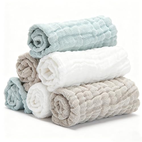 Image of Bear Rocket Organic Muslin Baby Washcloths 6 Pack Baby Bath Face Towel 12x12 Inch Extra Absorbent and Soft Burp Cloth and Wash Cloths for Newborn-Infants On Sensitive Skin (White Green Brown)