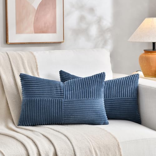 Image of Fancy Homi 2 Packs Dusty Blue Lumbar Decorative Throw Pillow Covers 20x28 Inch for Couch Bed Sofa, Rustic Farmhouse Boho Home Decor, Soft Striped Corduroy Rectangle Accent Cushion Case 50x70 cm