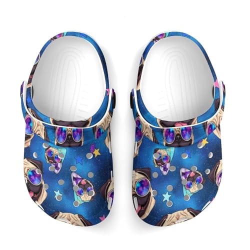 JZDACH Toddler's Fashion Outdoor Beach Pool Shoes for Cute Summer Style, Galaxy Pug with Cool Glasses