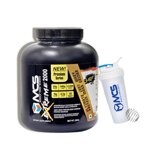 Image of MUSCLE CORE SCIENCE Extreme 2000 Whey Protein Mass Gainer Powder with 80g Protein, 400g Carbs, 2,260 Calories, 10g Creatine, 20 Vitamins & Minerals for Muscle Growth and Weight Gaining - Dark Chocolate 3kg