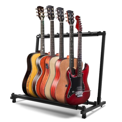 Swess 5 Guitar Stand Rack Holds 5 Guitars - Foldable Black Instrument Holder with Rubber Protection for Home/Studio, Compact Musical Gear Storage