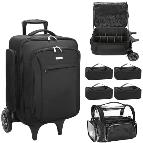 Image of Relavel Rolling Makeup Case with Large Brush Bag, Professional Make Up Travel Organizer Bag with 2 big Wheels, Lockable Makeup Backpack with Adjustable Dividers for Makeup Artist - Black