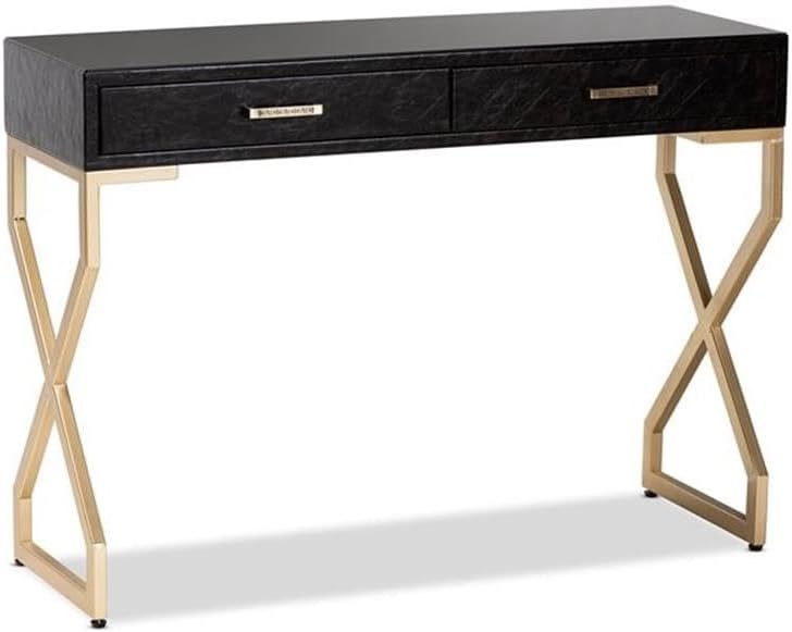 BOWERY HILL Modern Console Table, 2-Drawer MDF Wood, Dark Brown Faux Leather, Gold-Finished Metal Frame, Black Glass Top, Greek Key Handles, Contemporary Style for Living Room or Foyer