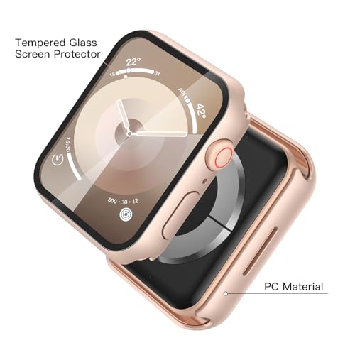 Image of Misxi 2 Pack Tempered Glass Case Compatible for Apple Watch Series 9 Series 8 Series 7 41mm, Hard PC Screen Protector Overall Protection Scratch-Resistant Cover for iWatch, 1 Rose Gold + 1 Transparent