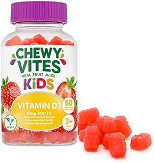 Chewy Vites Kids, High Strength Vit D3 60 Gummy Vitamins, 10 micrograms, 400 IU, 1-a-day, Real fruit juice, Vegan, 3 years +