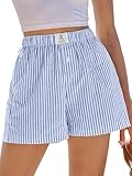 ANRABESS Boxer Shorts for Women Gingham Pajama 2026 Summer Casual Lounge Sleep Plaid Shorts Y2K Beach Bottoms Blue White Stripe Small