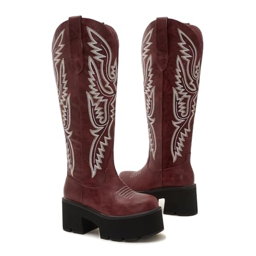 Image of Uillnoodu Women's Red Platform Cowgirl Boots with Zipper - Western Knee-High Chunky Sole Cowboy Boots