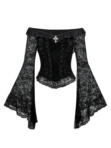 Women's Gothic Off Shoulder Bell Long Sleeve T Shirts Lace Asymmetrical Crop Tee Top