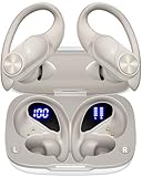 Bluetooth Headphones Wireless Earbuds 80hrs Playtime Wireless Charging Case Digital Display Sports Ear buds with Earhook Waterproof Over-Ear Earphones for TV Phone Laptop Contrast Color (Pearl Gray)