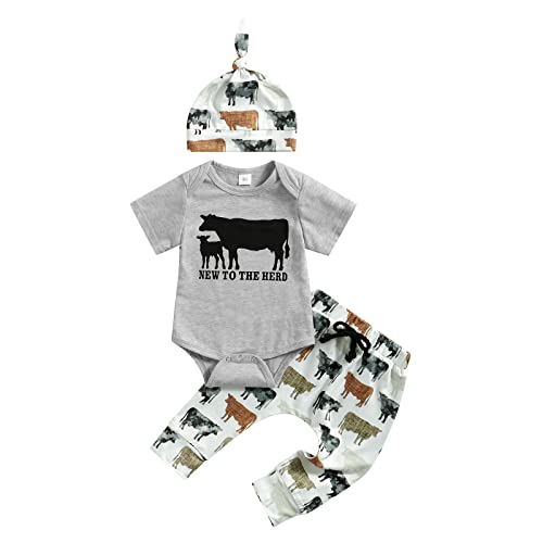 Image of Karuedoo Newborn Baby Boy Western Clothes Letter Print Romper Cow Print Pants Hat Set 3Pcs Coming Home Outfits(B-Grey, 0-3 Months)