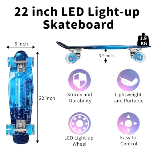 BELEEV Kinder Skateboard 22 Zoll mit LED Leuchtrollen Wheels, Komplette Mini Cruiser Skateboard für Kinder Jugendliche Erwachsene, LED Leuchtrollen mit All-in-one Skate T-Tool für Anfänger