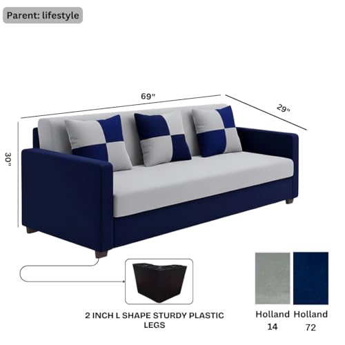 Image of FURNY Ameno 3 Seater Fabric Sofa Set (Light Grey-Dark Blue) Premium Velvet Finish | Durable Comfort | Ideal for Living Room