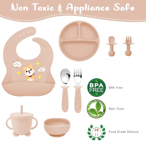 Miniatura 9 de Vajilla De Bebé Silicona, 10 Piezas Juegos De Vajilla Infantil, Cubiertos Con Plato Ventosa, Tenedor Con Mango De Madera, Babero Set,Cubiertos Bebe,Tazones Para Bebés Con Ventosa Vajilla Infantil