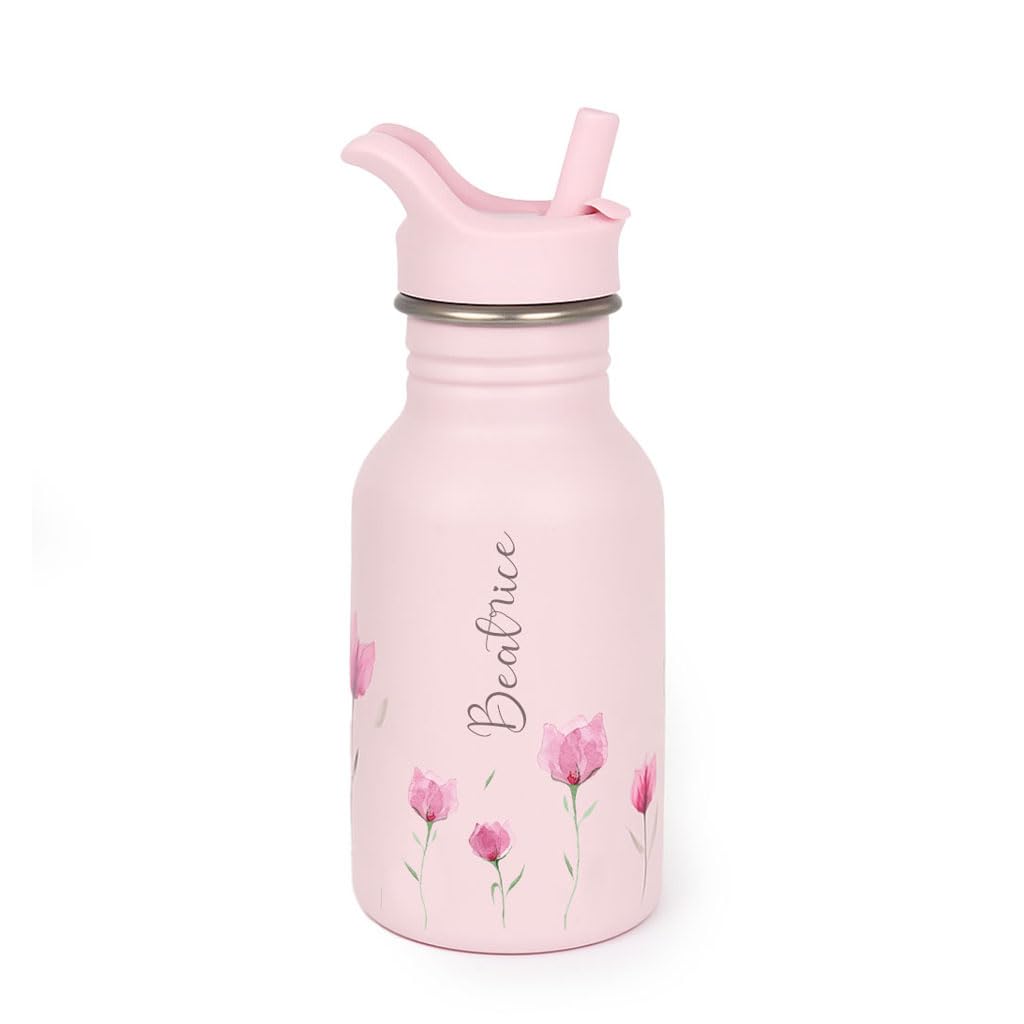 J.Børn Personalised Bottle With Straw For Kids 350ML | Hand-Painted Designs | Single-Skinned, Food-Grade Stainless Steel Water Bottle | Children Flask For School (Lilac Bloom)