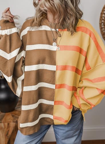 Image of EVALESS Womens Striped Sweaters Long Sleeve Cable Knitted Color Block Casual Loose Lightweight Oversized Sweaters Pullover
