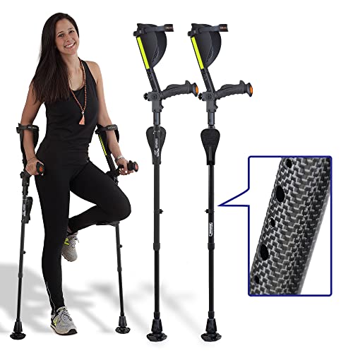 Ergobaum 7G Black Mamba by Ergoactives. 1 Pair (2 Units) of Ergonomic Forearm Crutches - Adult 5' - 6'6'' Adjustable, Foldable, Shock Absorber, Knee-Rest Platforms, LED Lights (Real Carbon Fiber)