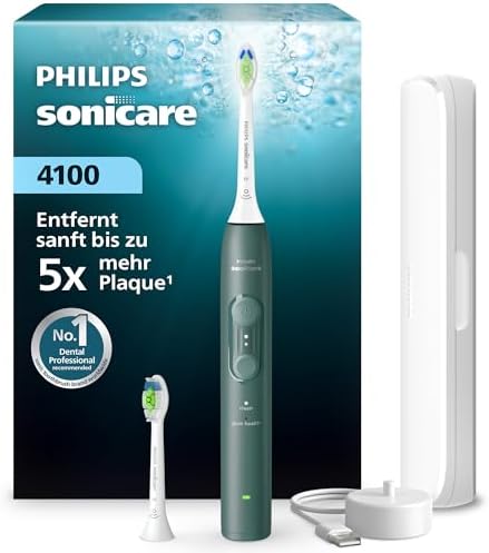 Philips Sonicare Series 4100 Elektrische Zahnbürste – Schallzahnbürste mit Drucksensor, 4 Putzeinstellungen, EasyStart, SmarTimer, 21 Tg. Laufzeit, Reiseetui, Dunkelgrün, HX4042/46
