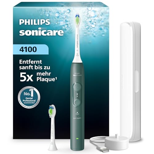Philips Sonicare Series 4100 Elektrische Zahnbürste – Schallzahnbürste mit Drucksensor, 4 Putzeinstellungen, EasyStart, SmarTimer, 21 Tg. Laufzeit, Reiseetui, Dunkelgrün, HX4042/46, [Neu]