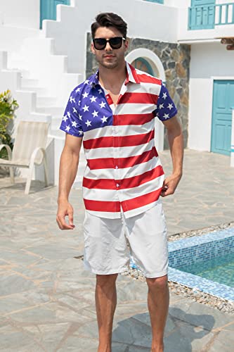 Uideazone Men'S American Flag Shirt Button Down Short Sleeve Beach Surf Aloha Party Shirt thumb #1