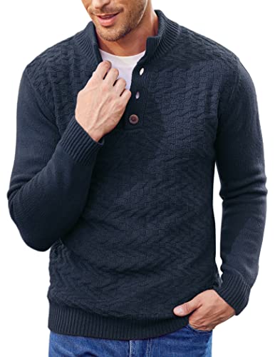 COOFANDY Men Mock Neck Button Sweater Casual Knitted Sweaters Fashion Henley Sweater Navy Blue