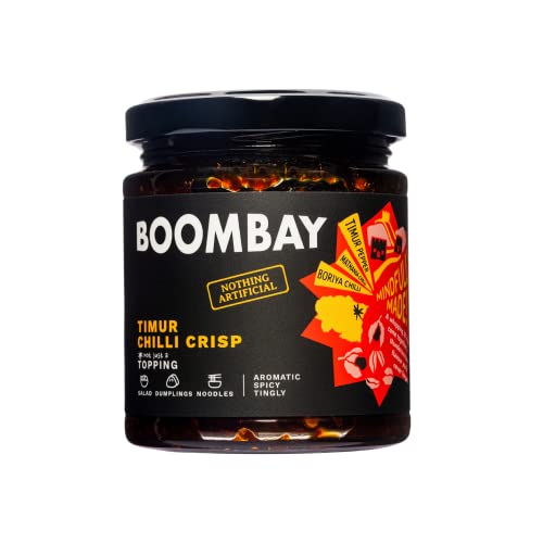 Image of BOOMBAY Timur Peppercorns Chilli Crisp (190g) |Spicy, Crunchy Topping | Plant-Based, Zero Sugar, Cold-Pressed Oils, Clean Label |Use as a Topping for eggs, Noodles, Dip for Dumplings, and as a Stir Fry