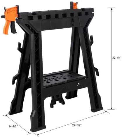 Folding Clamping Sawhorse Set of 2, Heavy Duty Clamping Sawhorse 2200 LBS Load Capacity for Garage, Workshop, Fully Assembled