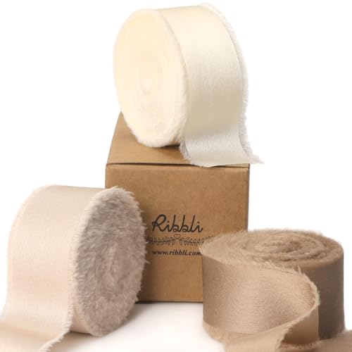Ribbli Ivory Champagne Silk Satin Ribbon 1 Inch x 30 Yard Handmade Frayed Chiffon Ribbon for Gift Wrapping Wedding Invitations Bridal Bouquets Home Decor by Ribbli - Used condition - US$16.58