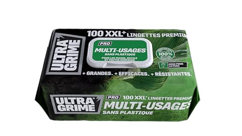 UltraGrime Pro Multiuso, senza plastica, salviettine industriali per rimuovere macchie di grasso, olio, vernice e inchiostro, 100 salviettine umidificate XXL, 38 cm x 25 cm