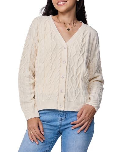 Cardigan Sweaters for Women Long Sleeves Oversized Womens V-Neck Button-Up Cable Knit top Cream