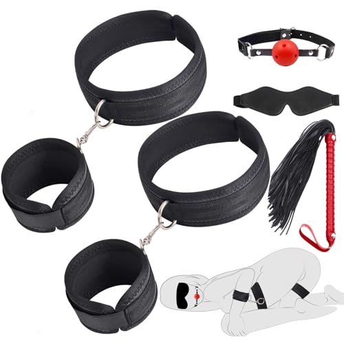 Bondage Wrist Thigh Cuffs BDSM Toys, Sex Bondage Restraints Set with Adjustable Handcuffs Sex Straps, Ball Gag, Blindfold, Sex Whip for Bondage Games, Adult Sex Toys for Couples