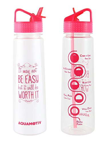 Aquamotiv Flip Straw 30 oz Inspirational Water Bottle + Goal Time Tracker + Motivational Quote - BPA Free with Bonus Printable Fitness Planner (Pink)