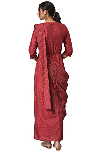 Image of W for Woman Women Maroon Maxi Insta Saree Dress with Embroidered Belt