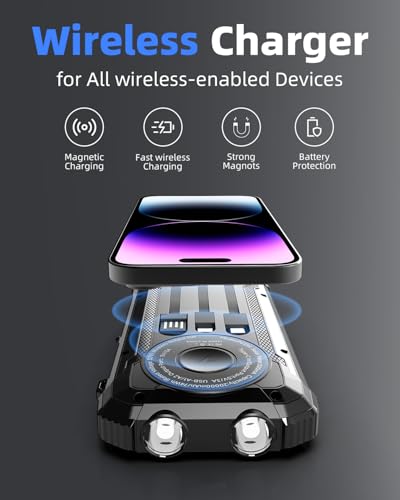 Solar Power Bank 20000mAh, Wireless Charger with 15W Fast Charging, 3 Data Cables, USB-C Output, Dual Flashlights, Portable Outdoor Battery Pack for iPhone, Samsung, and More, for Camping, Emergency image 3