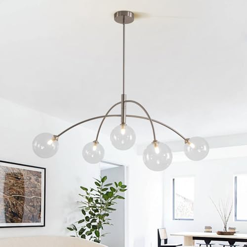 Image of Mid Century Modern Sputnik Chandelier Adjustable 5 Light Clear Glass Silver Ceiling Chandelier for Dining Room Kitchen Bedroom