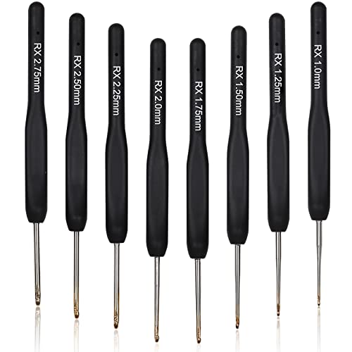 Aeelike 8 Stücke Häkelnadel Set Spitze Häkelnadel, Mini Häkelnadeln Set mit Schwarz Weichen Griff, Feine Häkelnadeln mit Ergonomische Dünn Griff, 1,0-2,75 mm Kleine Größe Häkeln Set für Anfänger