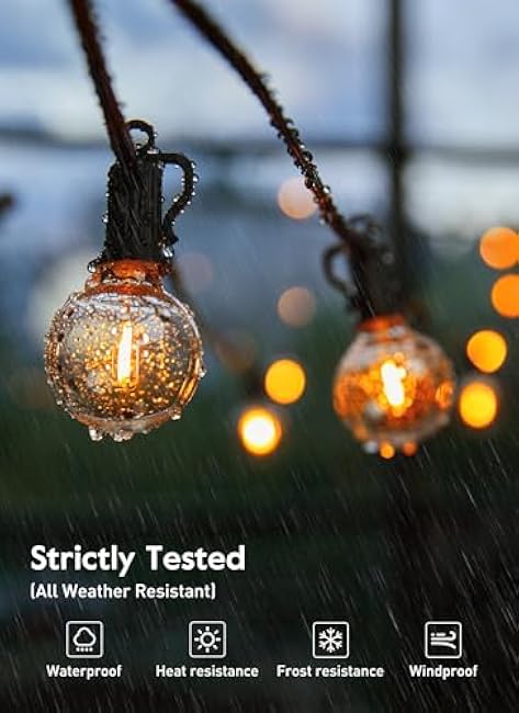 Outdoor String Lights 25 Feet G40 LED Patio Lights, Plug-in, 13 Plastic Edison Bulbs(1 Spare), Waterproof Connectable Hanging Light for Backyard Porch Balcony Party Decor, E12 Base, Black