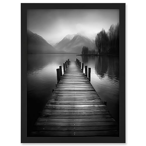 Artery8 Lake Pier Mountain Landscape Black and White Photo Artwork Framed A3 Wall Art Print