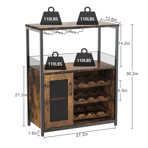 ElfinAura 3-Tier Wine Bar Cabinet with Detachable Wine Rack and Storage Space, Buffet Cabinet with Glass Holder and Mesh Door, for Kitchen, Living Room and Bar .Rustic Brown. - Thumbnail 2