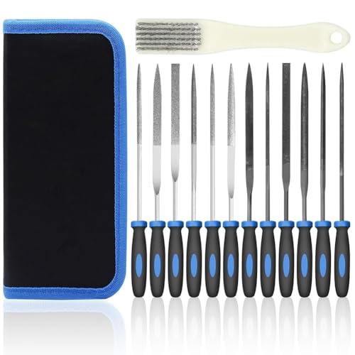 Flaroey Juego de 13 Limas de Aguja de Metal con 6 Limas de Diamante, 6 Limas de Acero, Cepillo de Limpieza y Estuche de Transporte para Madera, Plástico y Bricolaje