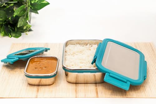 Image of Stainless Steel Lunch Box, 1000ml + 200ml, Leakage Proof /Airtight Containers Lunch /Tiffin Box for Office, School Use, Bento Lunch Box for Men /Women, 4 Side Clip Lock Lid - Blue /Pink (Combo)